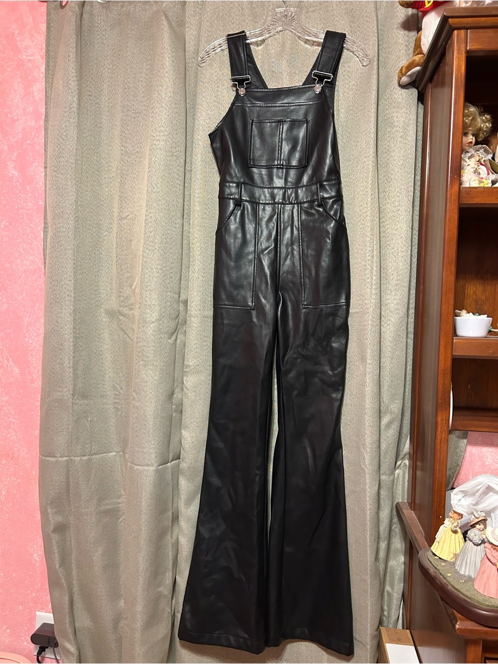 7 For All Mankind Black Faux Leather Overall Jumpsuit with Wide Legs